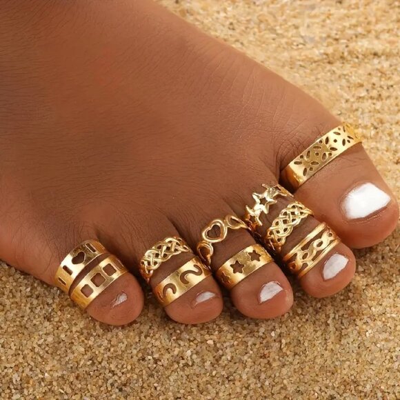 10pc set Toe Rings Gold Tone Adjustable Beach Summer Vacation Hippie Boho - Picture 1 of 4